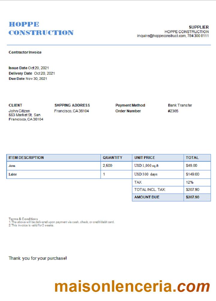 USA Hope Construction tekst faktury i szablon PDF